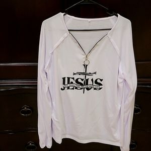 White zip down shirt size 2X ,but it runs small I'm a LG XL and it fits fine.